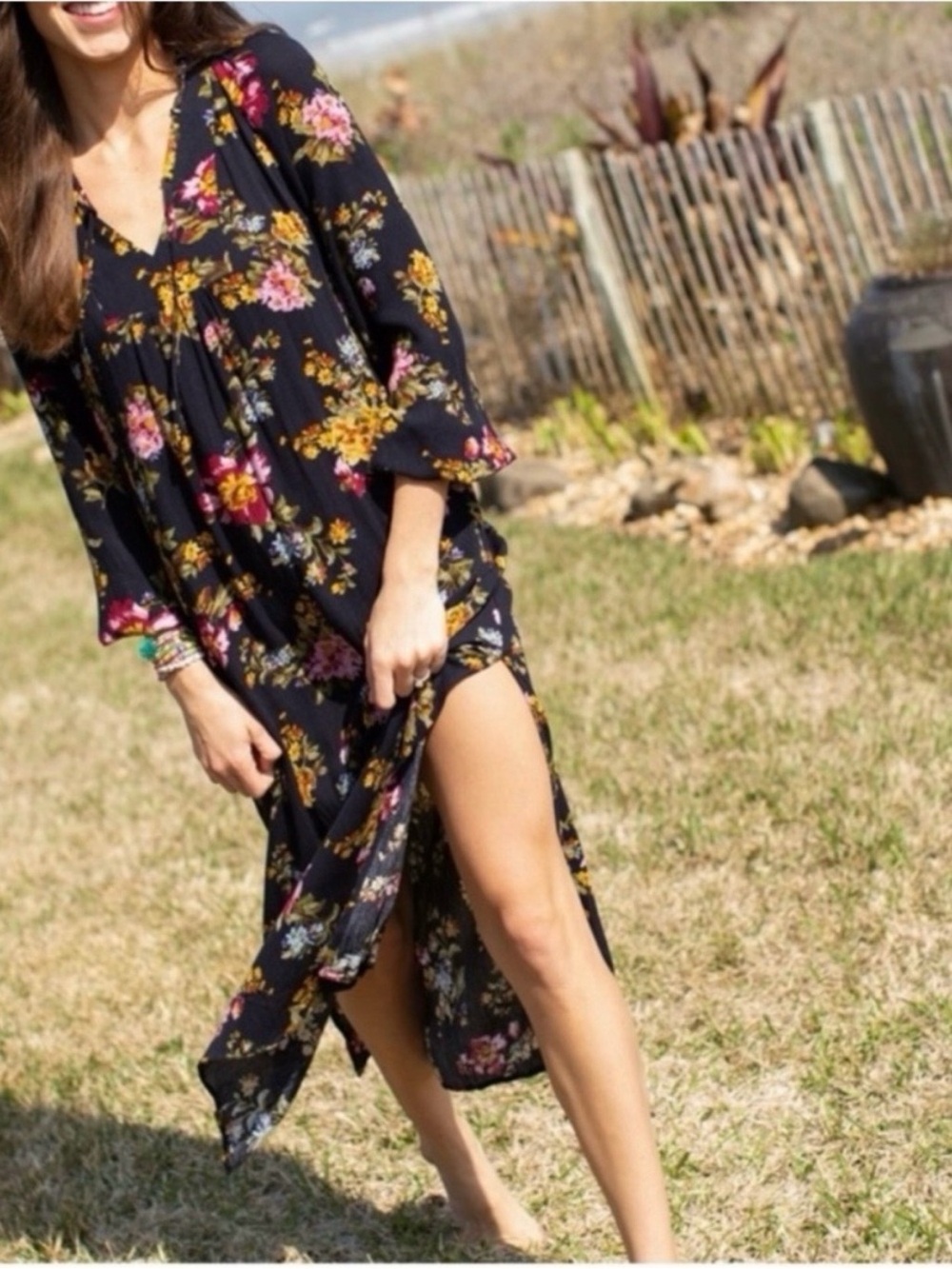 Natural Life Midnight Navy Blue Floral Midi Dress Medium NWT Rayon Boho